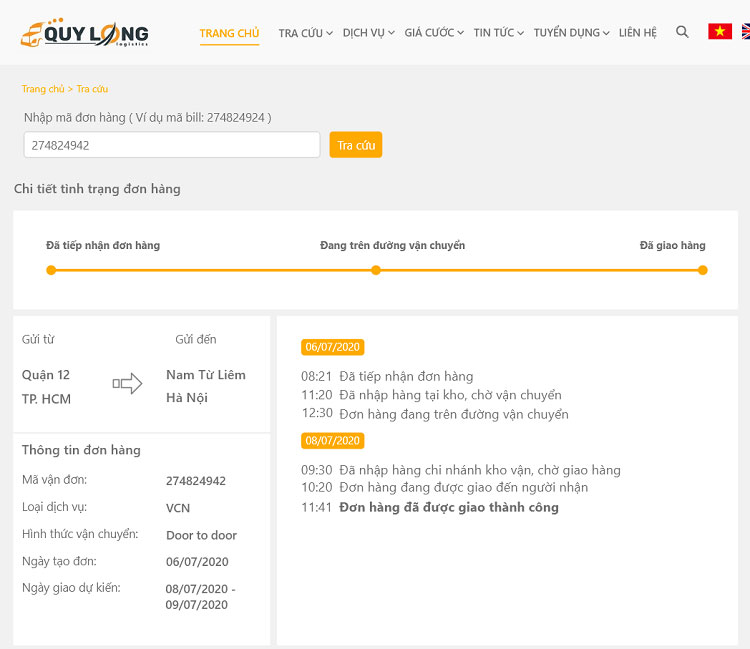 Theo dọi vận đơn trực tiếp trên website của Quý Long